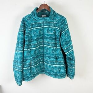 Columbia Womens 2X Full Zip Fleece Jacket Teal Aztec Southwestern Print Plus